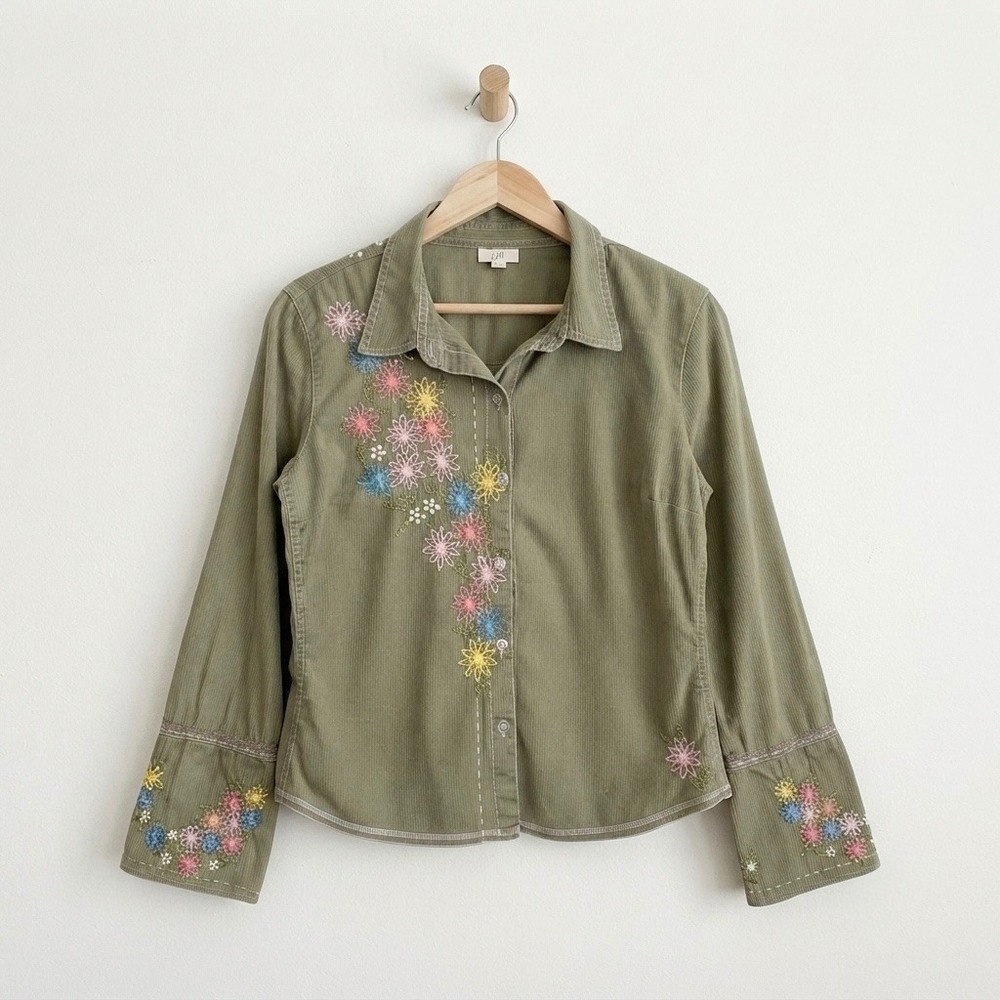 J.Jill Cottagecore Sage Green Floral Embroidered Button-Up Top Sz 12 Vintage